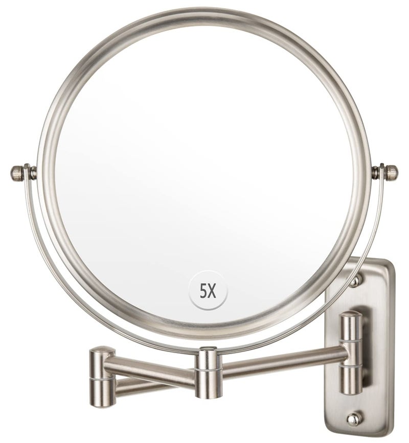 Alhakin Wall Mounted Makeup Mirror, 1X/5X Magnifying Mirror Double Sided, 8 Inch Extendable Bathroom Mirror for Shaving, Nickel - Image 1
